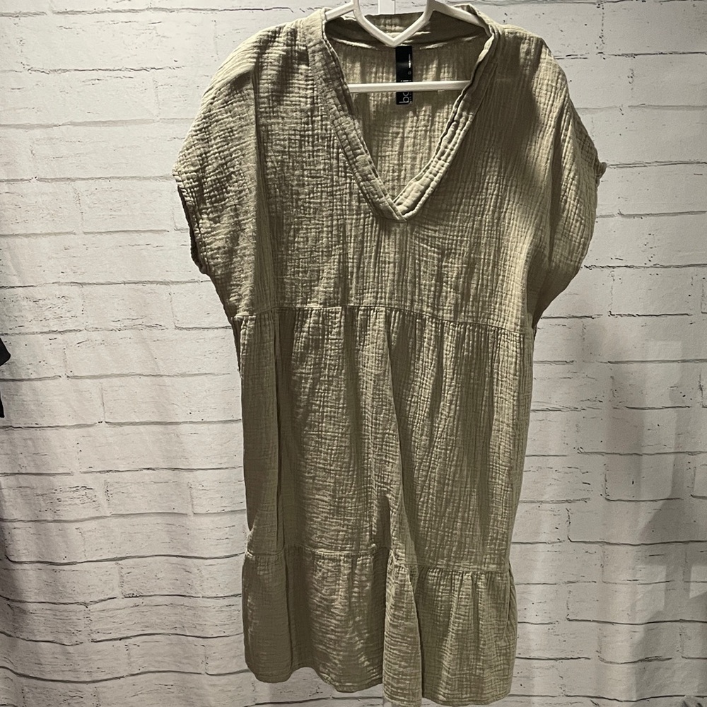 1295.‎ Bobi Taupe V-Neck Women's Dress - Picture 3 of 6